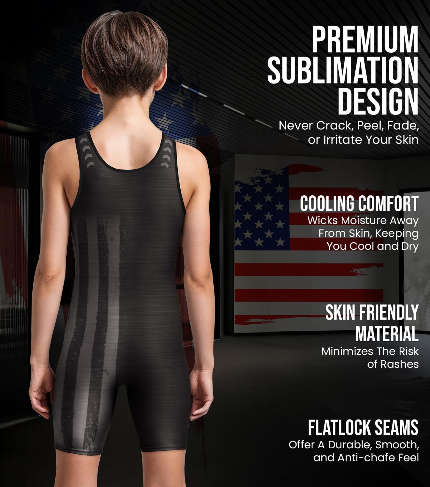 Exxact Sports Patriot Youth Wrestling Singlet For Boys, Premium Powerlifting Singlet, Kids Wrestling Singlets For Training (YXS, Black)