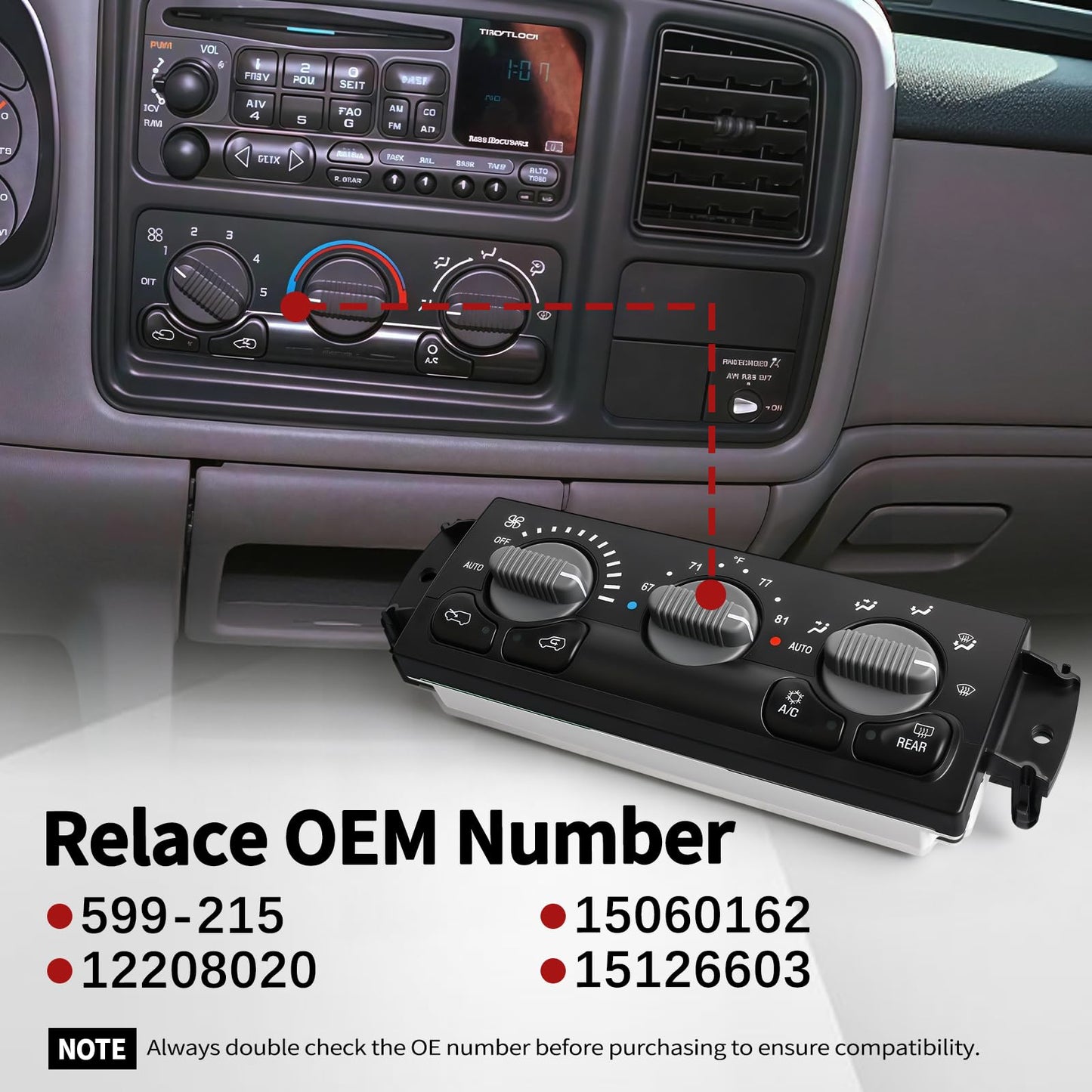 A/C Heater Climate Control Panel Compatible with Chevy Avalanche Silverado Suburban Tahoe with GMC Sierra and Yukon Temperature Control Module Replaces 599-215 15060162 12208020 15126603