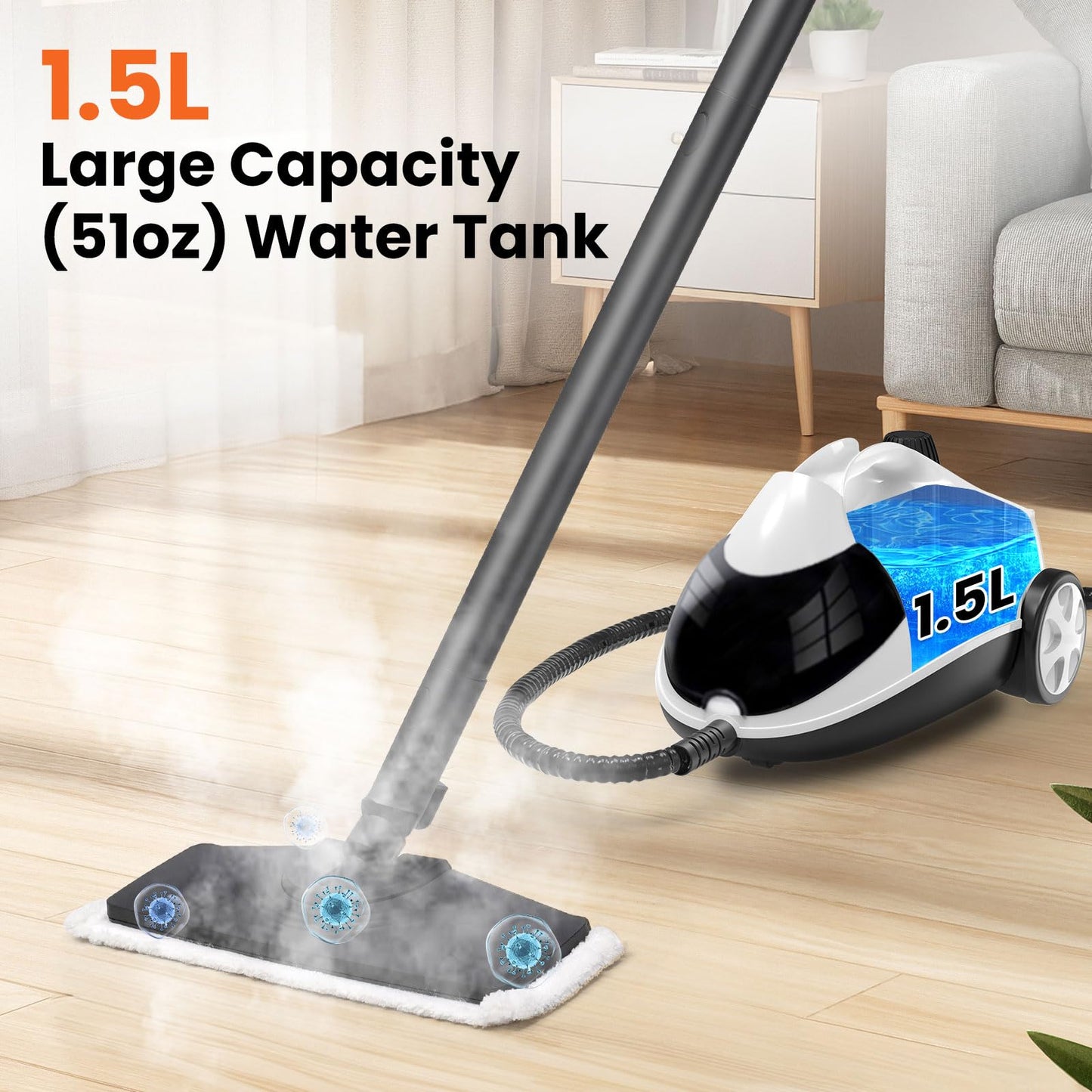 Steam Cleaner 1.5L Steamer for Cleaning Fast Heating 6-in-1 Multi-Surface with 8 Accessories UL499 Certified