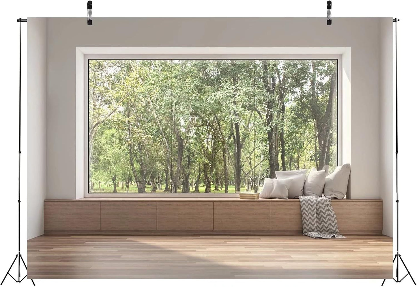 BELECO 7x5ft Fabric Modern Living Room Window Backdrop House Interior Green Forest Trees Scenery Nature Background