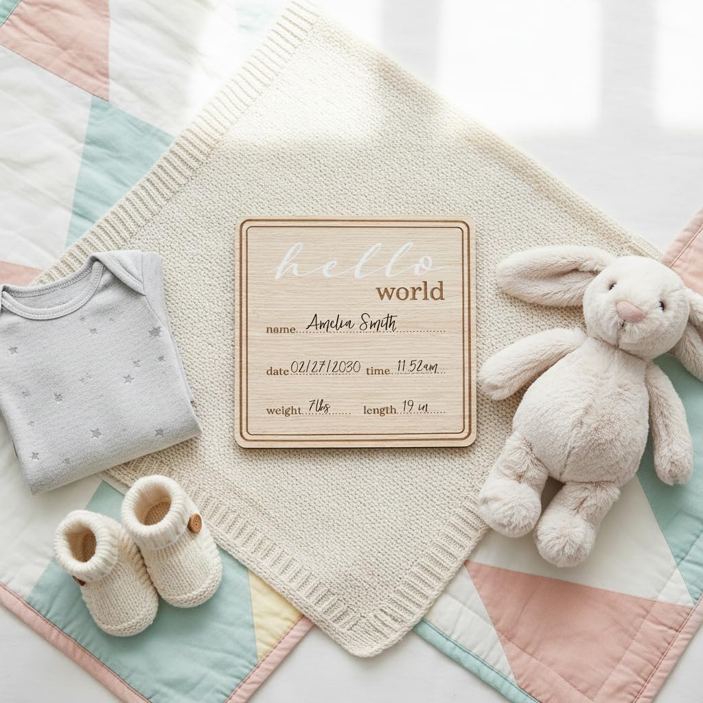 Kate & Milo Wooden Hello World Birth Announcement Photo Prop, Newborn Milestone Sign with Birth Details for Hospital