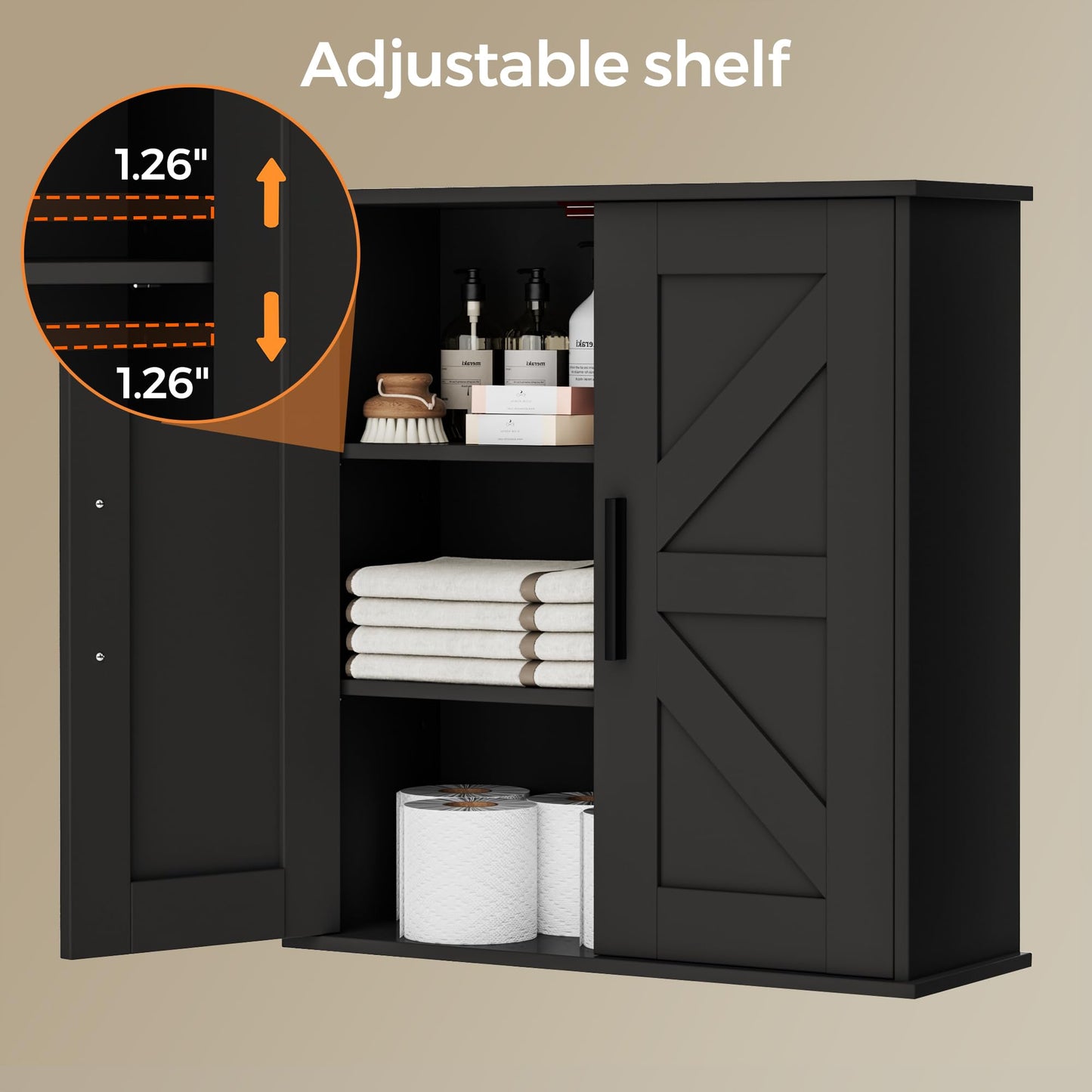 Homleke Bathroom Wall Cabinet, Over Toilet Storage Cabinet with Barn Doors and Adjustable Shelves, 3-Tier Medicine Cabinet Wall Mounted, for Bathroom, Kitchen, Entryway, Laundry Room, Black, (7.9" D)