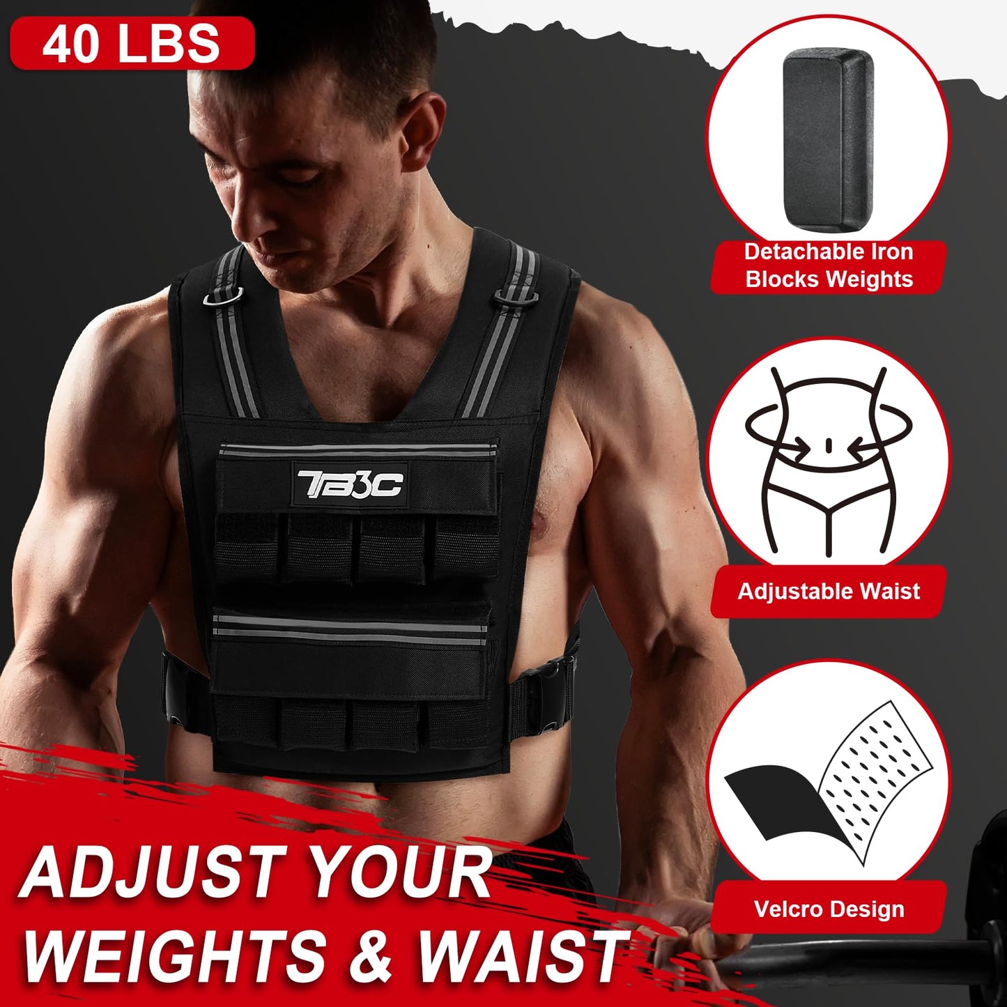 Adjustable Weighted Vest Men，40lb Weights Vest with Reflective Stripe, Weight Vest Workout Vest for Strength Training Running Walking Workout Vest for Men and Women