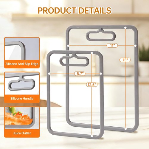 FYCTIO Glass Cutting Board for Kitchen, 2Pcs Tempered Glass Chopping Board with Non-Slip Edges, Dishwasher Safe Clear Cutting Board Set for Countertop, Heat & Shatter Resistant, Gray 15"×11" & 13"×9"