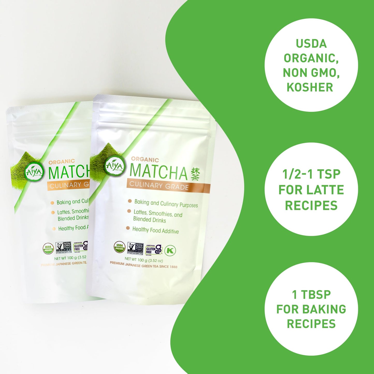 Aiya Certified USDA Organic Culinary Grade Matcha Green Tea Powder - Ideal for Baking, Lattes, Smoothies - Gluten-Free & Non-GMO - 100g Bag (3.52 oz)