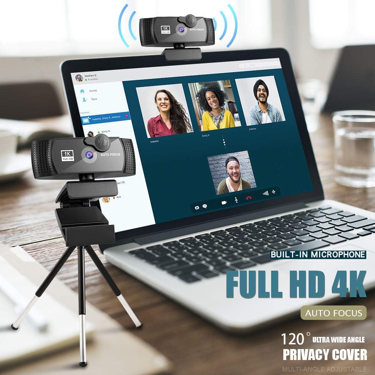 RERBO 1080p 120-degree Webcam Full HD Camera with Microphone, AutoFocus Wide Angle Web Camera with Tripod Stand