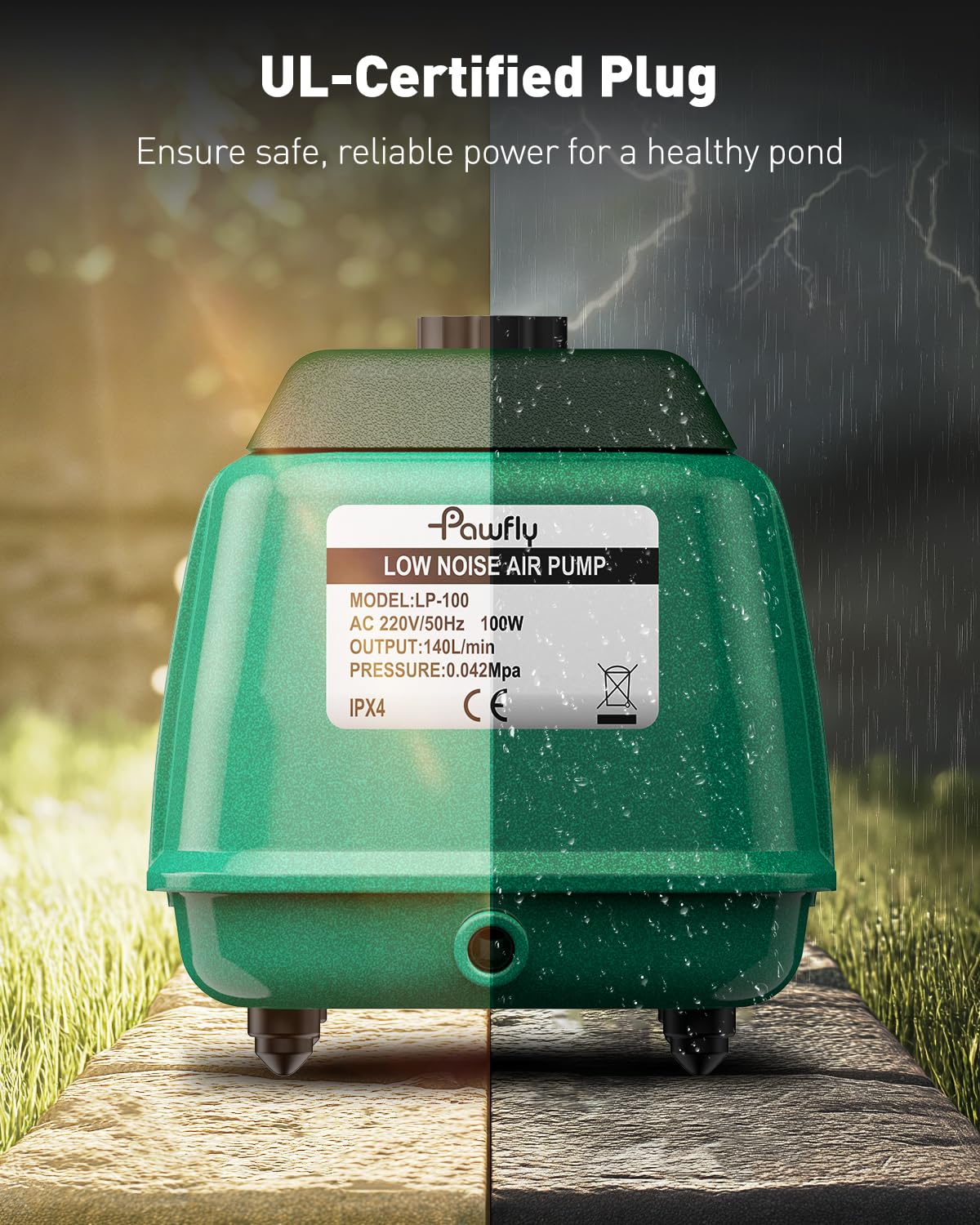 Pawfly 2200 GPH Pond Air Pump, High-Efficiency Aerator for Outdoor Koi Fish Ponds up to 1 Acre & 10ft Deep, 100W Garden & Septic Pump with 2 Air Splitters