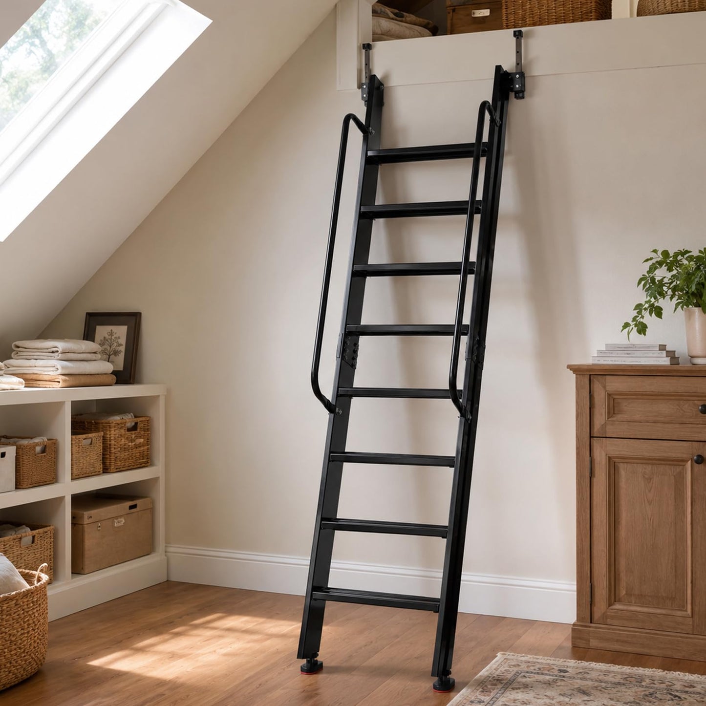 8.2FT Industrial Style Loft Ladder, with Double Handrails, 8 Steps Library Ladder, 1100LBS Capacity, Carbon Steel Attic Loft Stairs, Wall Mounted Loft Ladder for Home Library Warehouse