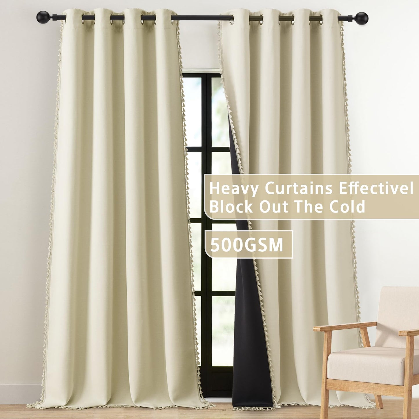 LIMON HOME Linen Blackout Curtains for Living Room 84 Inches Long Boho Black Out Curtains for Bedroom Thermal Insulated Light Blocking Drapes 2 Panels Set Noise Reduction Curtain
