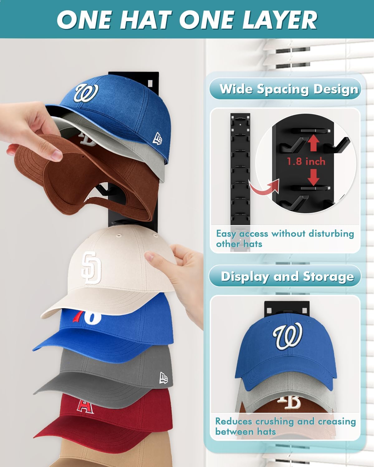 Skiennix Hat Organizer - Strong Adhesive Wall Rack for 18 Baseball Caps | Multi-Layer Storage - Black