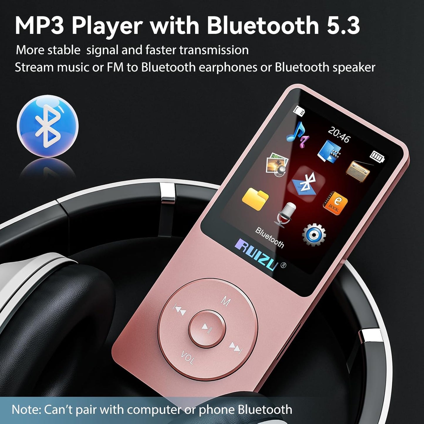 RUIZU 64GB MP3 5.3, 1.8" 80H 128GB Player with Bluetooth Screen Portable Music Player, FM Radio, Voice Recording