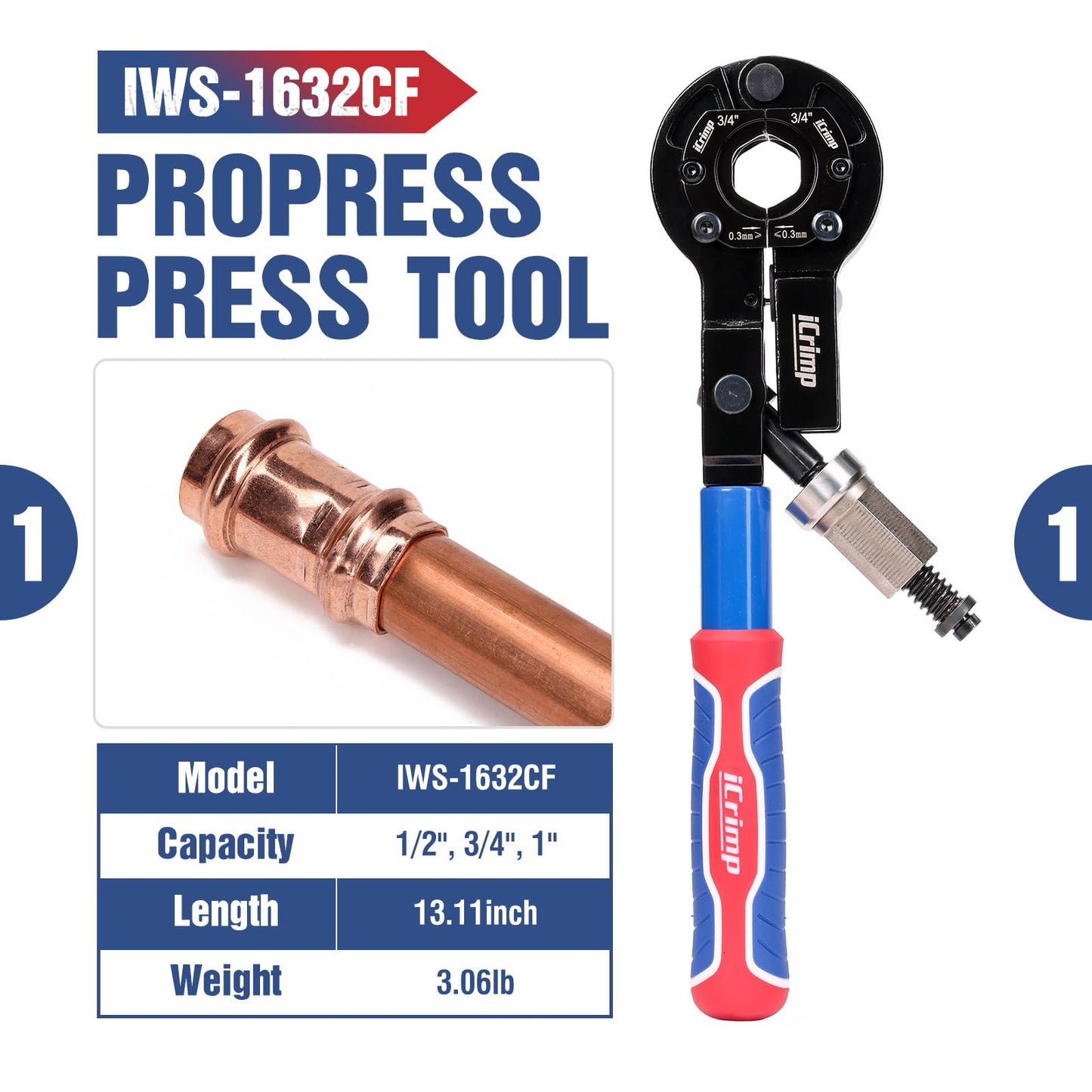 iCrimp IWS-1632CF Copper Pipe Press Tool Kit for 1/2-in, 3/4-in and 1-in Viega Propress Fittings, Driven by Socket Wrench or Impact Wrench
