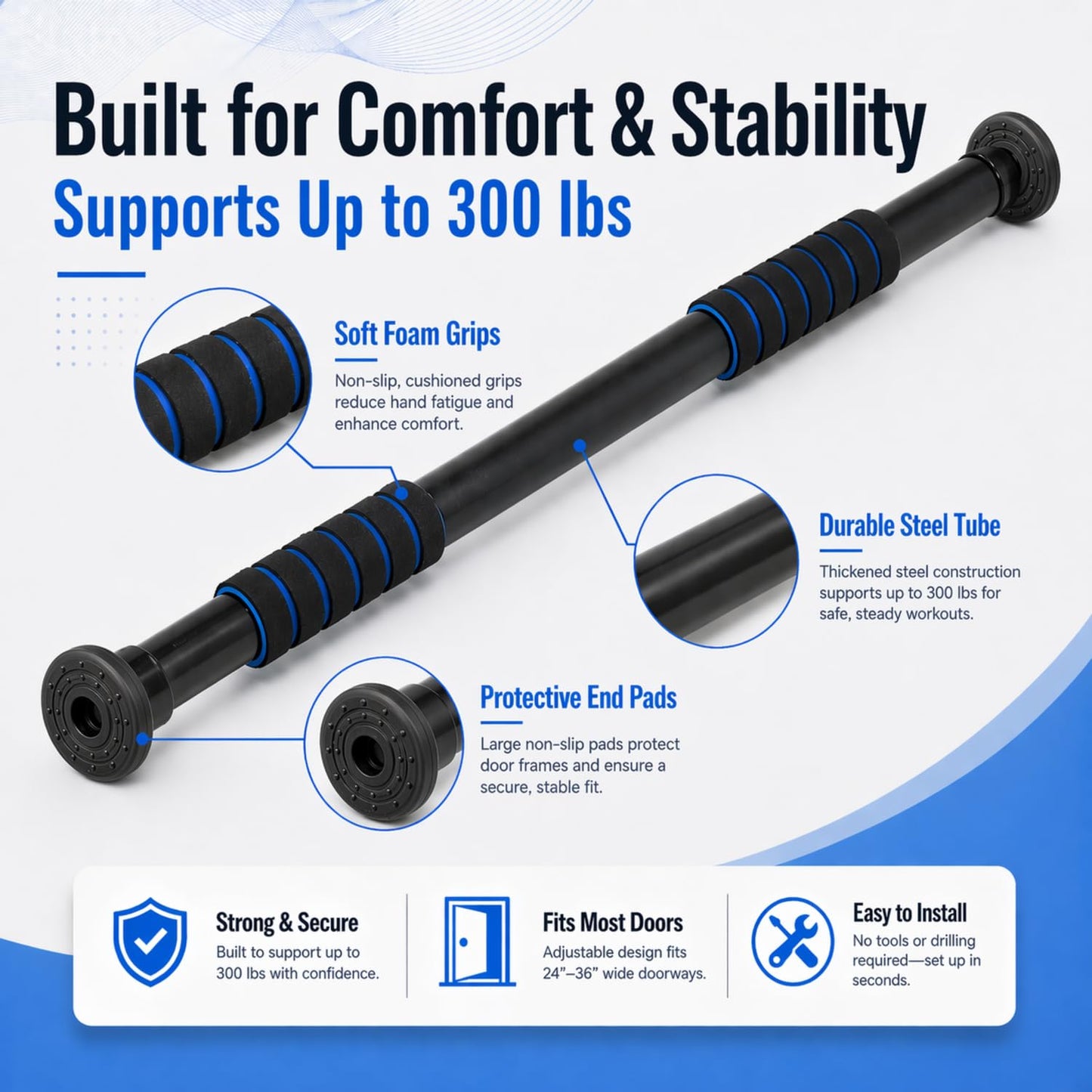 FumyFumy Pull Up Bar for Doorway, Adjustable Door Frame Pull Up Bar with 330 lbs Capacity, No Screw Chin Up Bar for Home Gym Strength Training, Fits 25"–39" Door Frames and Walls