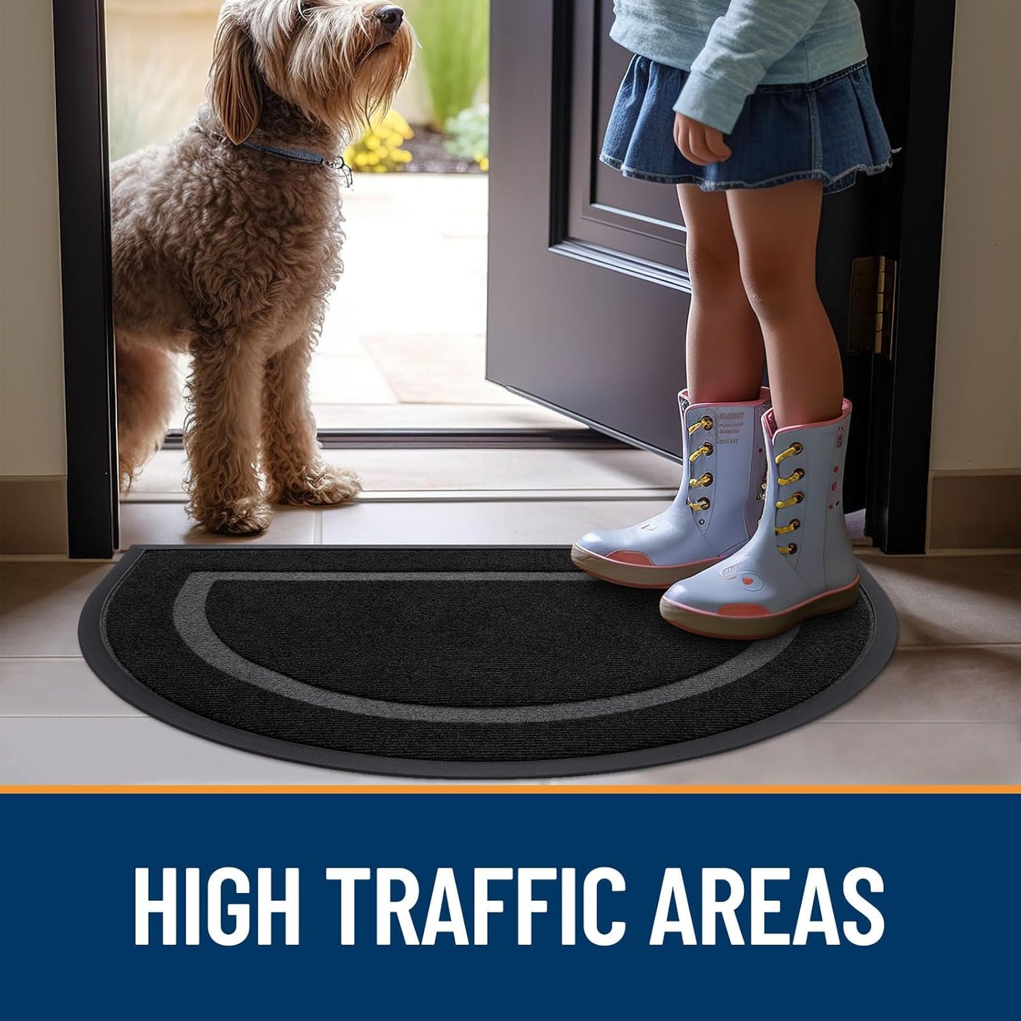 OLANLY Half Circle Door Mat - Waterproof All-Season Indoor/Outdoor Doormat, Easy Clean, 29.5x17, Black