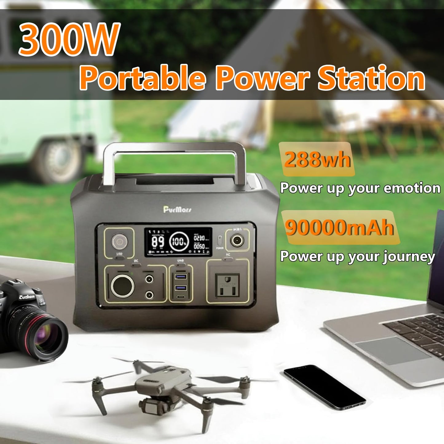 Purmars Portable Power Station 300W(Peak 500W),288Wh (90,000mAh) Solar Generator with 110V Pure Sine Wave AC Outlet,lifepo4 battery portable power bank for Outdoor Camping, Traveling,and Emergencies
