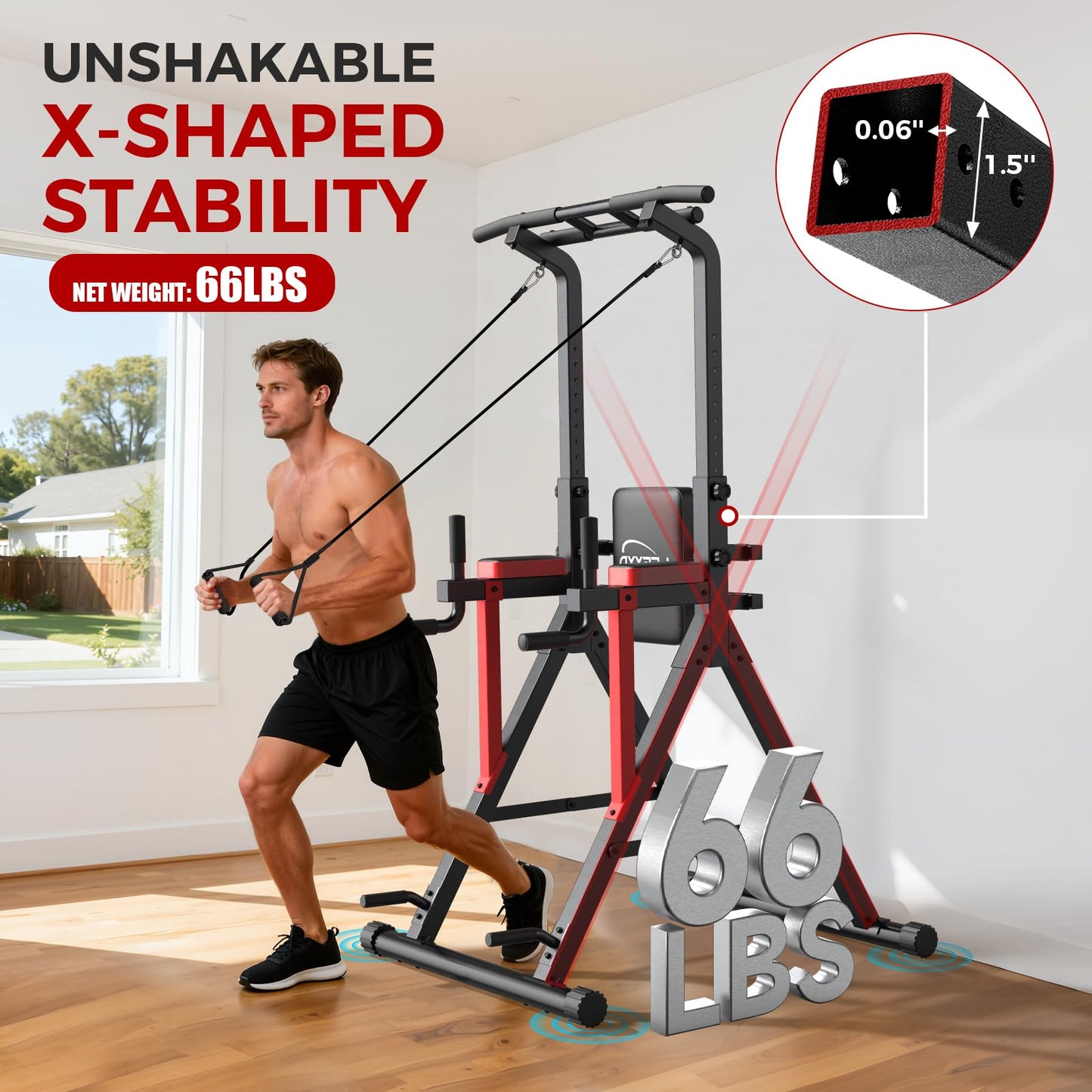 Power Tower Pull Up Bar Free Standing,13-Level Adjustable Height Dip Station with X Frame Stability, Multi-Grip Handles,Backrest，Home Gym Strength Training Equipment 400LBS Capacity