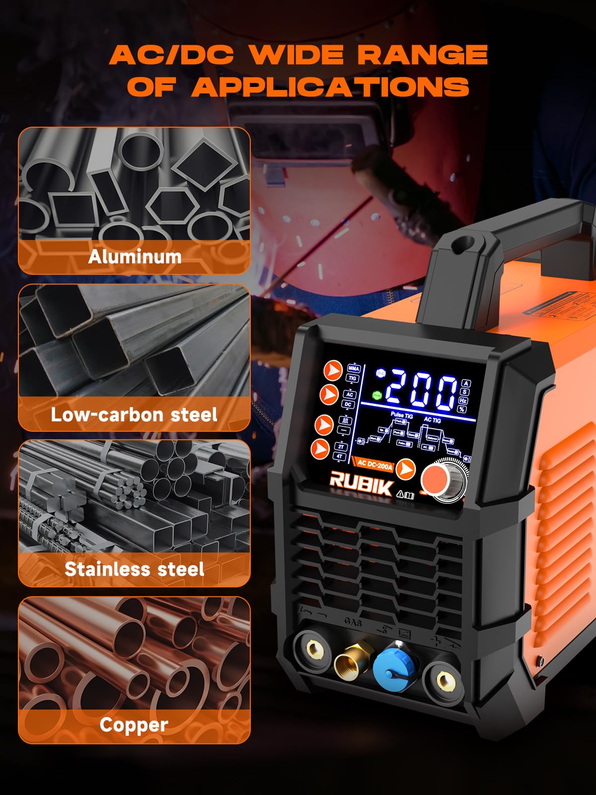 AC/DC Aluminum Tig Welder with Pulse, 200 Amp 6 in 1 Welder 110V/220V Dual Voltage Welder with Digital IGBT Inverter Square/Triangular Wave/Stick/Tig/Spot MultiProcess TIG Welding Machine