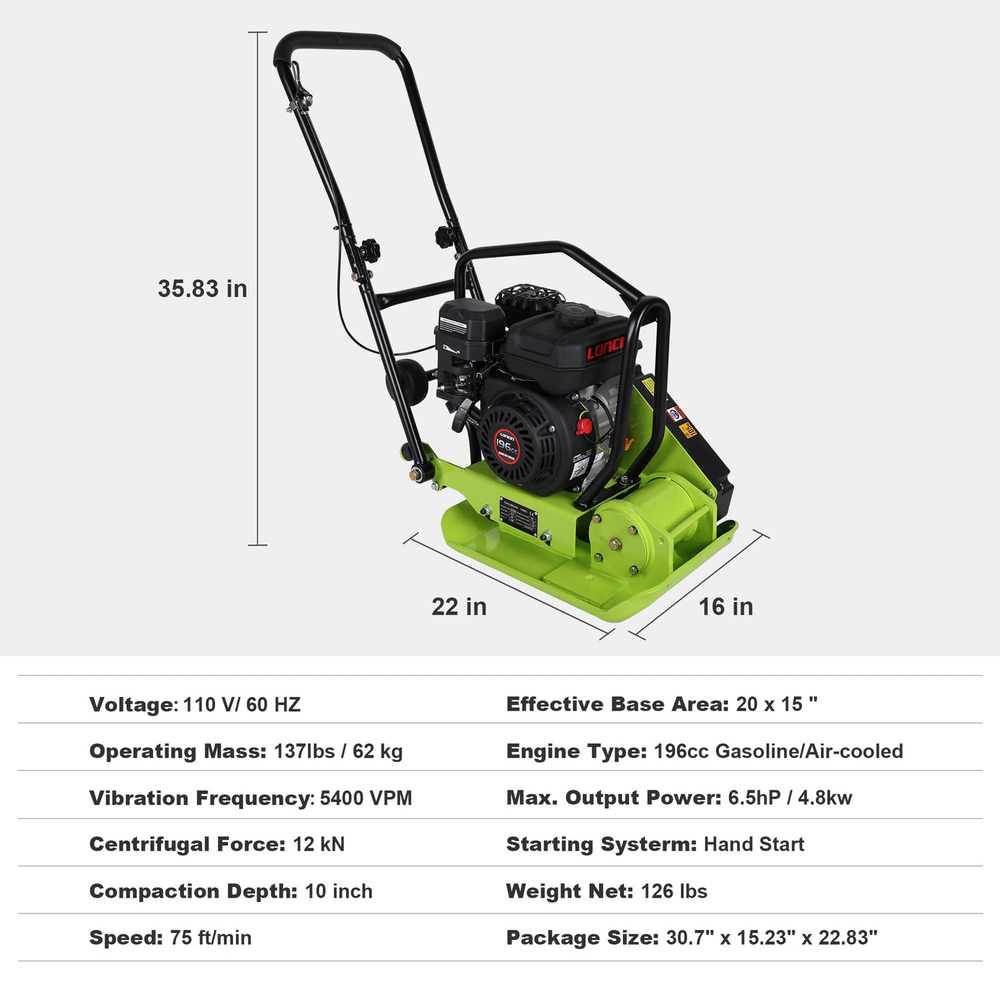 BETTERI Plate Compactor 6.5HP with 196cc 5400 VPM Gas Engine, 20"x15" Compactor Plate Machine, 2500 lbs Compaction Force Plate Tamper, Soil Compactor Machine for Pavers, Walkways, Yard