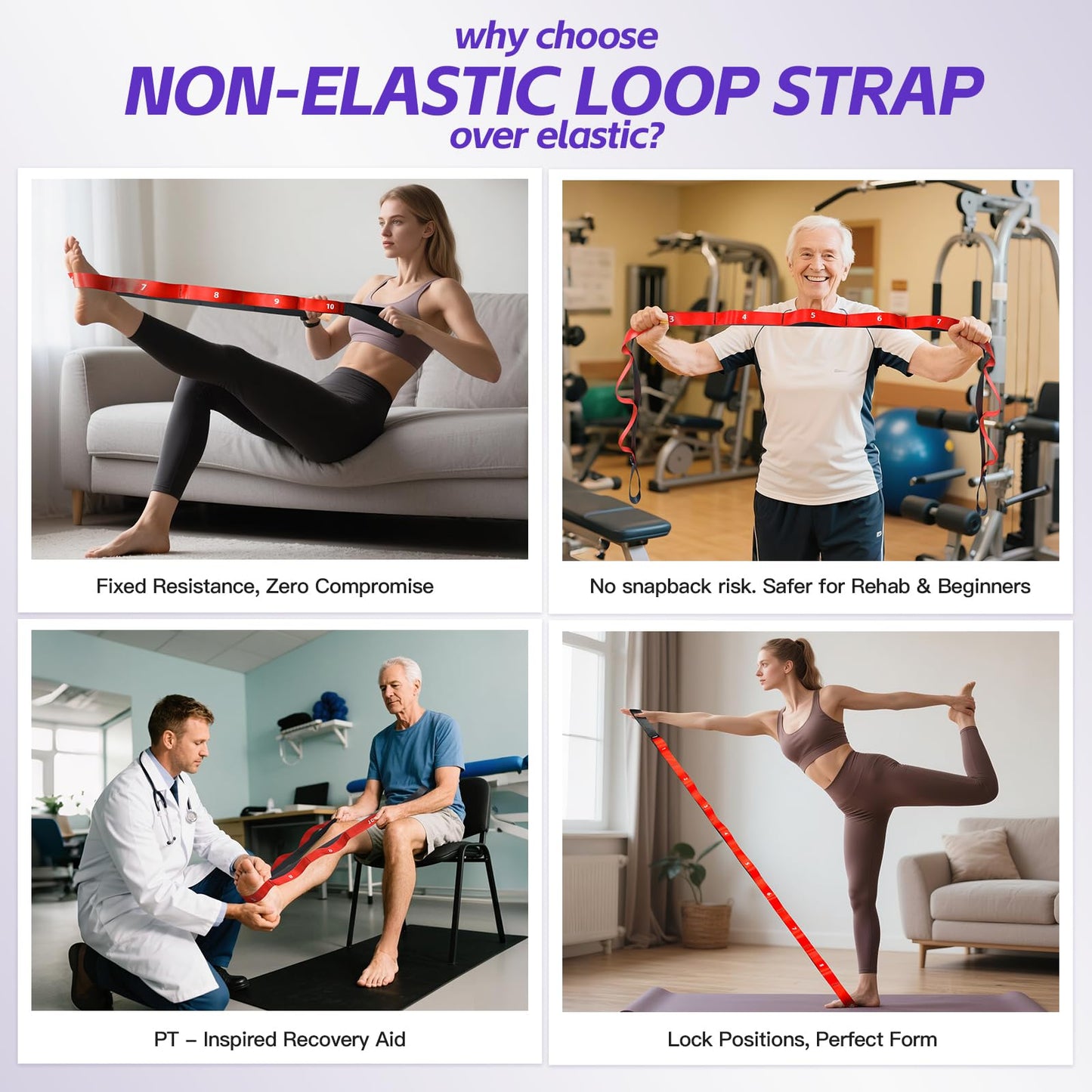Non Elastic Stretching Strap with Loops - Yoga Straps for Physical Therapy, Durable Stretch Bands for Exercise, Flexibility Training, Hamstring & Leg Stretcher, Yoga/Pilates/Gymnastics - Red