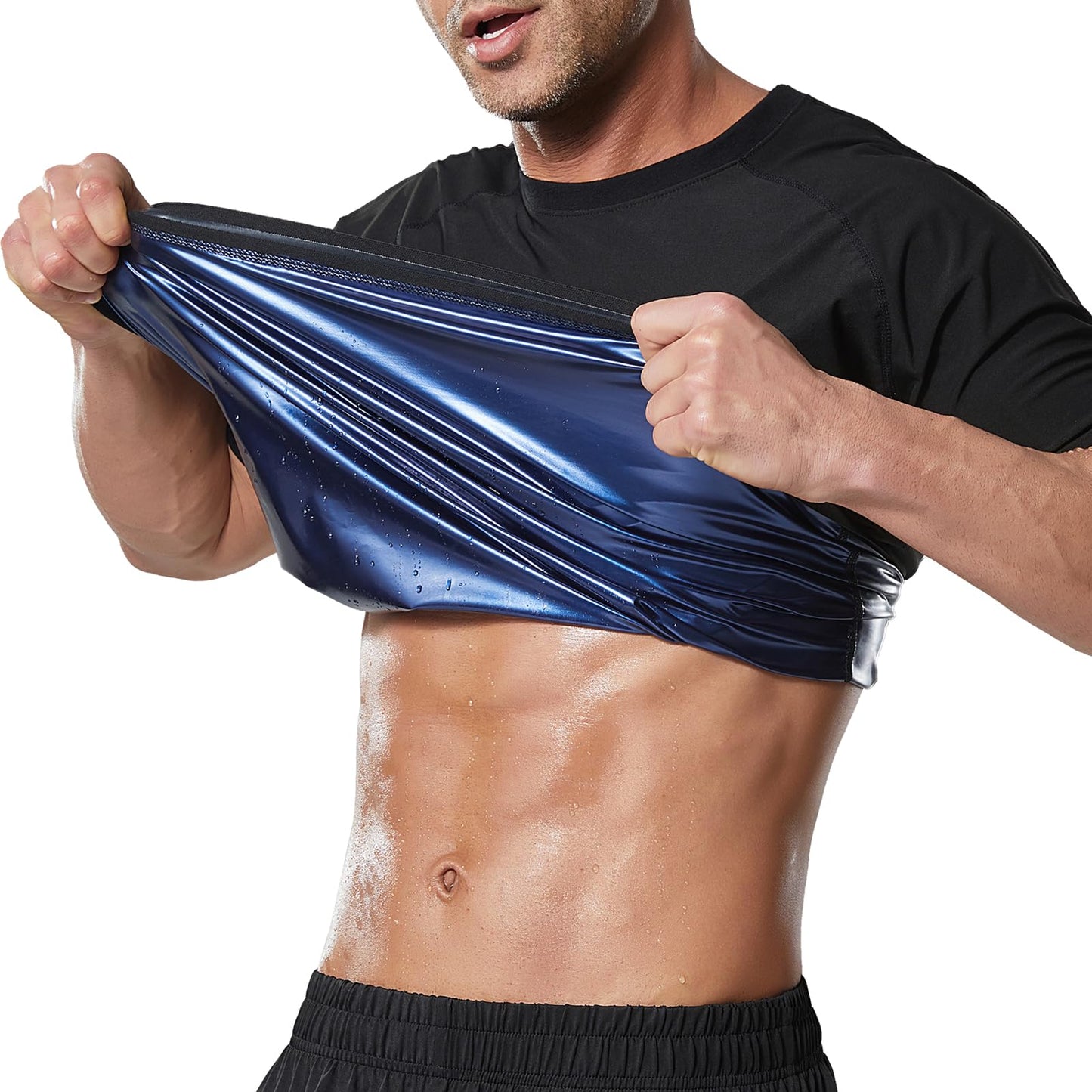 Towintec Sauna Shirt for Men Short Sleeve Sweat Suit Heat Trapping T-shirt Weight Loss Hot Suits Sports Gym Workout Shapewear MMA Training Sports Heat Trapping Body Smoothing Tops Shirts(Blue,2XL)