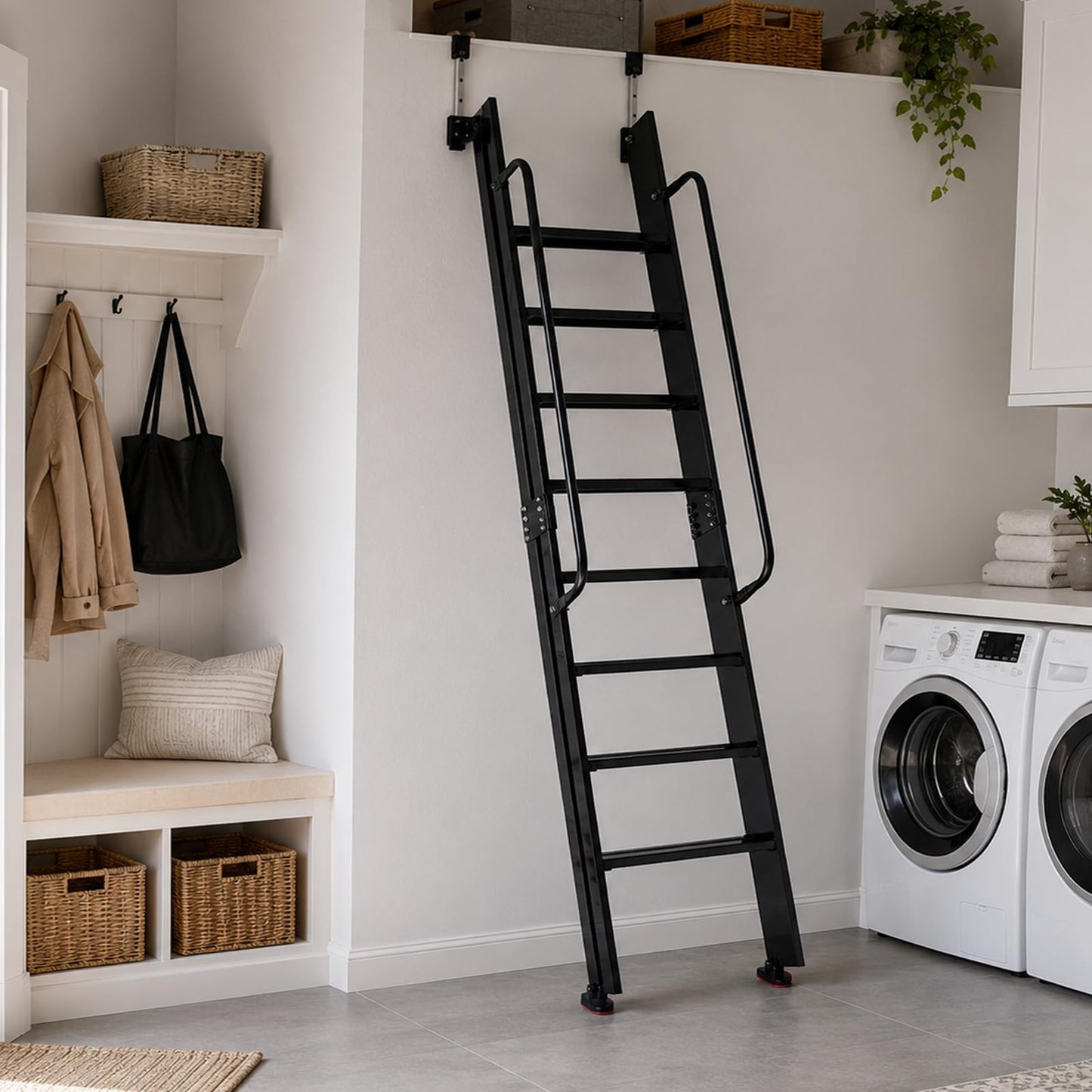 8.2FT Industrial Style Loft Ladder, with Double Handrails, 8 Steps Library Ladder, 1100LBS Capacity, Carbon Steel Attic Loft Stairs, Wall Mounted Loft Ladder for Home Library Warehouse