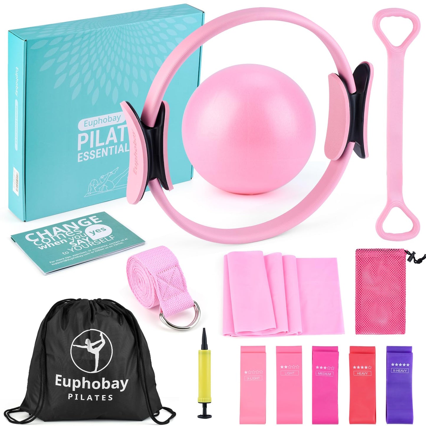 euphobay Pilates Essentials Kit for Women, Home Workout Pilates Kit with Ring, Mini Ball, Resistance Bands, Yoga Strap & More, Beginner Pilates Starter Kit for Toning, Strength & Flexibility