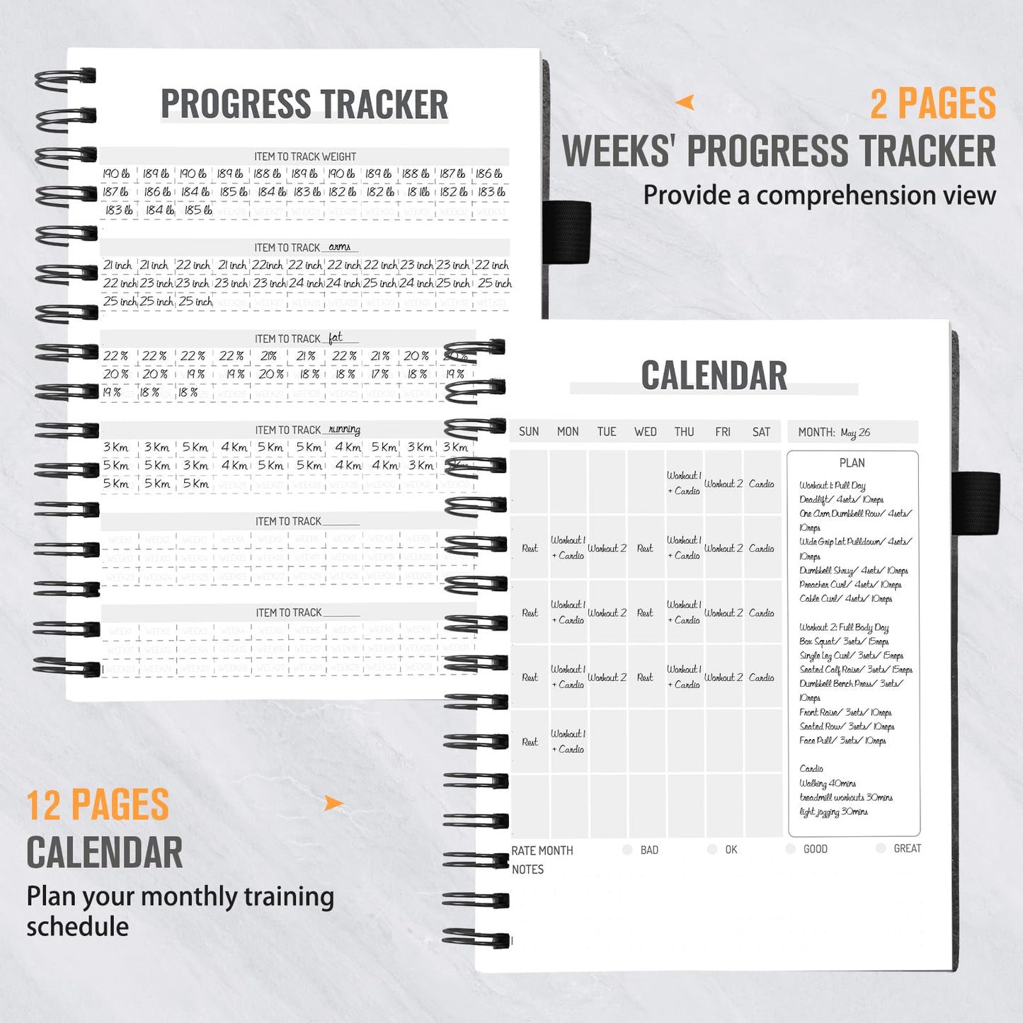 Workout Journal for Men & Women, Workout Planner with Monthly Calendar, ( 8.3" x 6") Grayish-black Texture Hardcover Workout Log Book Track Training, Diet, Progress, Achieve Wellness Goals, Perfect for Fitness Enthusiast