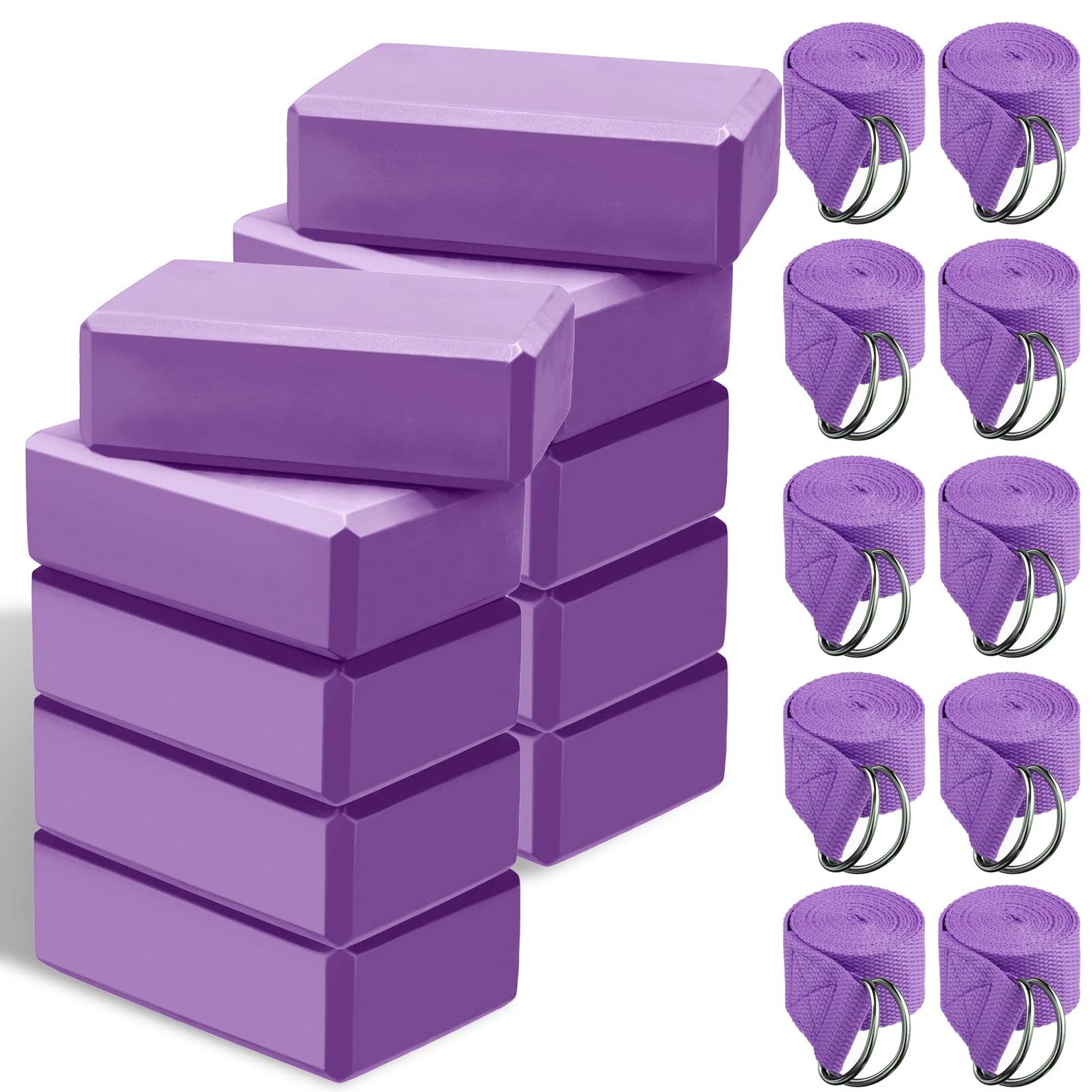 Outus 20 Pack Yoga Blocks and Straps Non-Slip EVA Foam Blocks with Metal D Ring Straps for Gym Exercise and Workout(Purple)