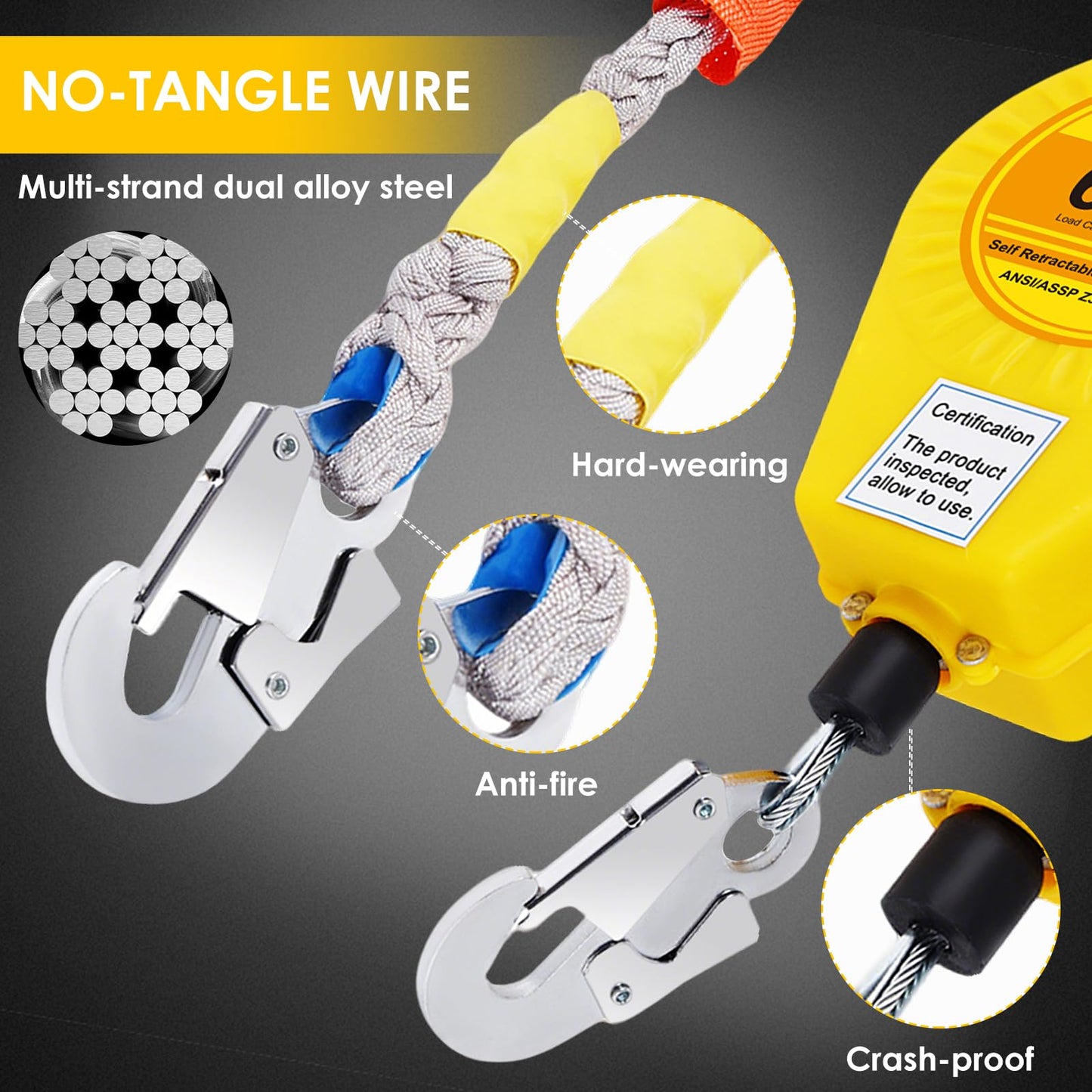 RupXinSplend Fall Arrester Protector Self Retractable 100FT Fall Protection Gear Double Locking, Dual PPE+Alloy Steel housing Heavy Duty Lifeline Safety Lanyard Rope Cable Wire Roofing Construction