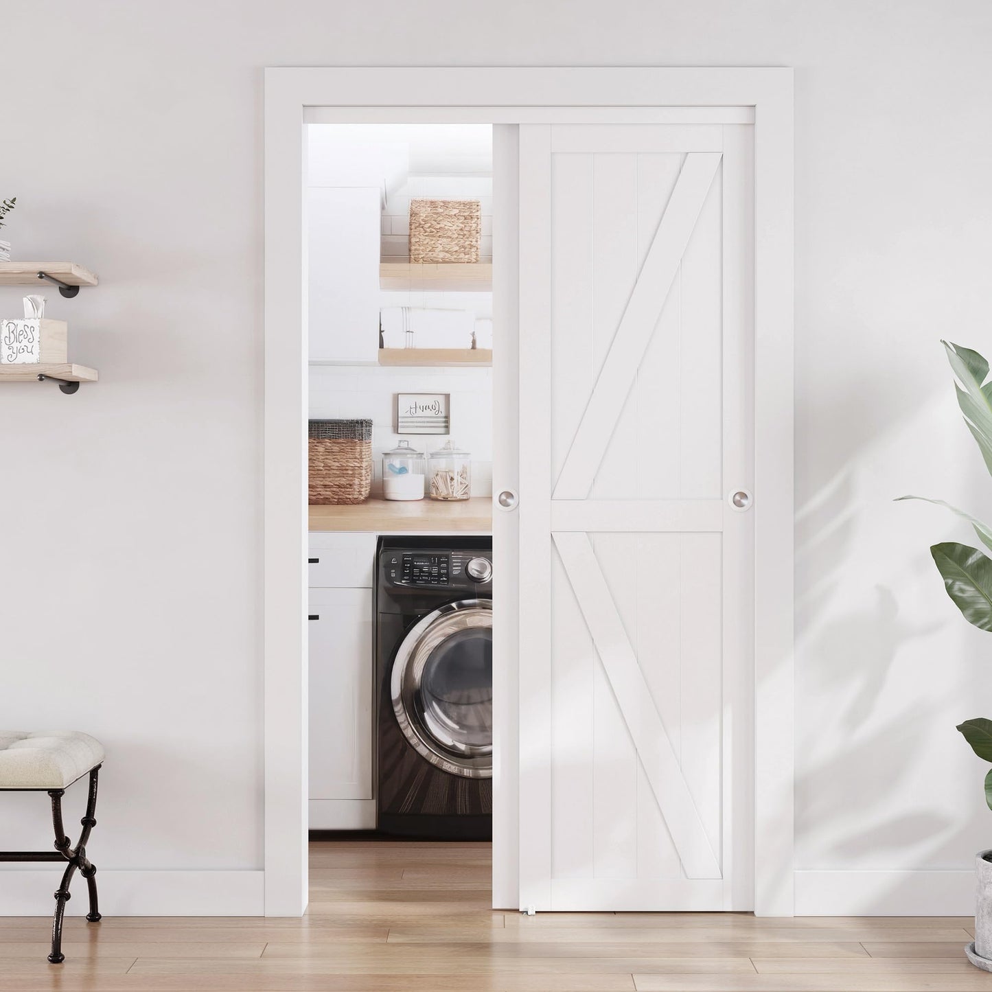 SMARTSTANDARD Closet Sliding Door, 48"×80"(Double Barn Doors 25"), Double K Shape Sliding Door with Hardware Kit, Pre-Drilled Door Panel, Need to Assemble, MDF with PVC Surface, White