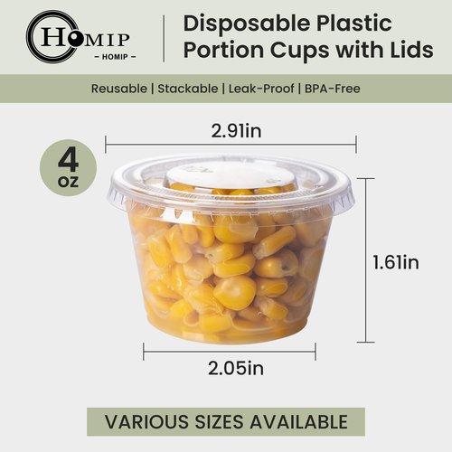 HOMIP 300Pack 4oz Disposable Plastic Portion Cups with Lids, Small Mini Sauce Cups for Portion Control, Salad Dressing Cups, Airtight and Stackable Condiment Cups for Party, Holiday and Daily Use