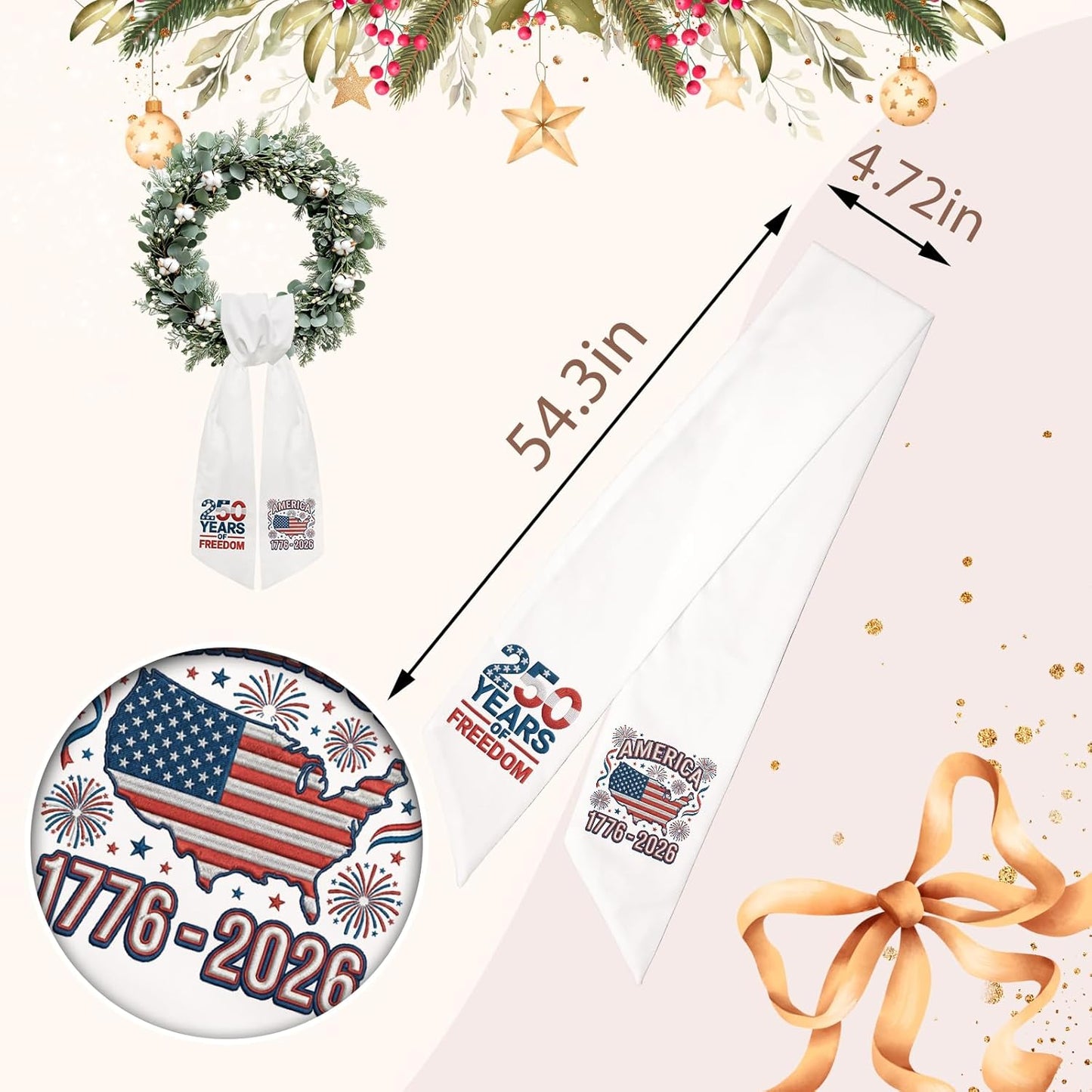 USA 250 Years Freedom Wreath Sash - Patriotic Front Door Decor with American Map Ribbon