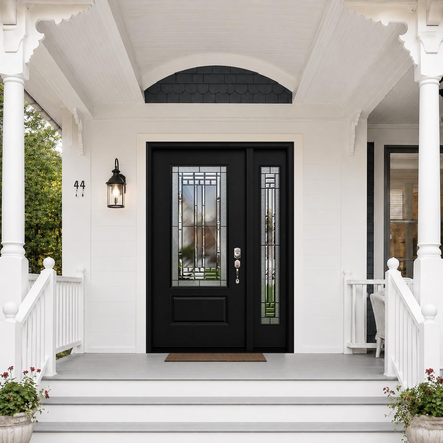 53x80in Fiberglass Front Entry Door with 14in Sidelight, Black Exterior Door for Home, Left-Hand Inswing, Textured Finished with Decorative Glass Knock-Down Door, Vinyl Frame and Brickmould Included