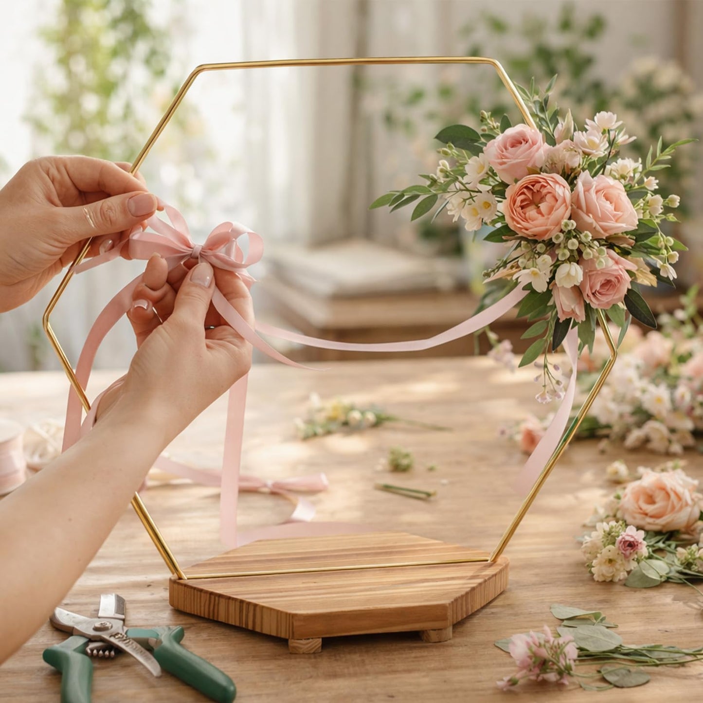 MJRASG 4 Pack Hexagonal Floral Hoops with Stand 14 Inch Wedding Cake Stand Metal Rings for DIY Centerpiece Table Decorations Crafts Wreath Wedding Birthday Wreath Candle Rings, Gold