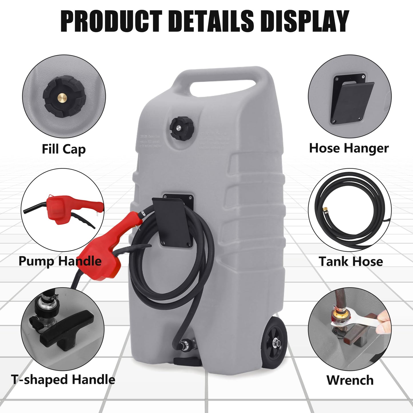 Garvee 14 gal Portable Fuel Tank, Gray Fuel Storage Container with Manual Siphon Pump & 10 ft Hose, Gasoline Diesel Caddy with Wheels, Fuel Transfer Tank for Car, ATV, Boat, Lawn Mower, Generator