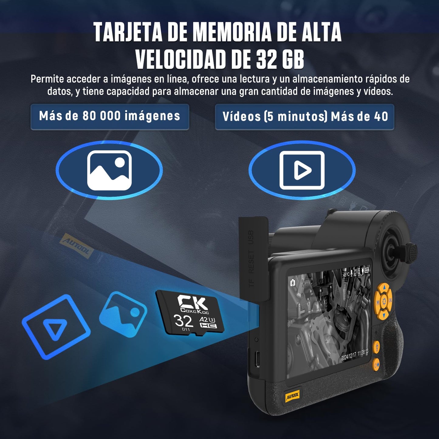 AUTOOL Dual Lens Borescope, 4.3” IPS Screen HD Inspection Camera, 0.25inch Endoscope 3FT Semi-Rigid Cable, 210° Articulation, 6 LED Lights, IP67 Waterproof, 32GB SD Card