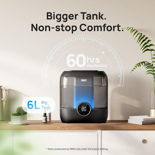 DREO Smart Humidifier - 6L Top Fill Cool Mist | 60-Hour Runtime, Quiet Ultrasonic for Large Rooms - Black