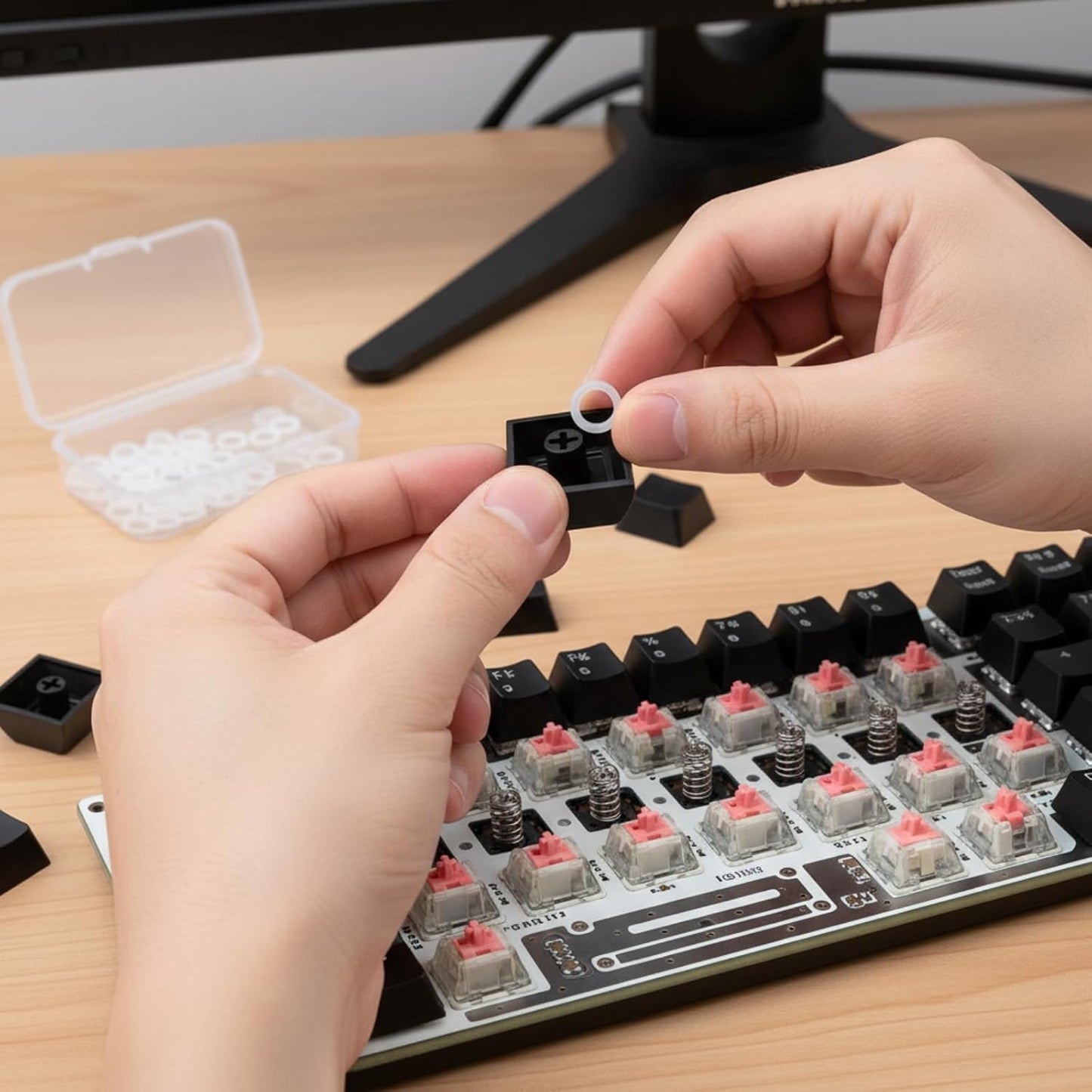 Sumind 200 Pieces O Ring Keyboard, O Rings Keycaps, Clear Rubber Keycap Dampeners with Plastic Storage Box for Mx