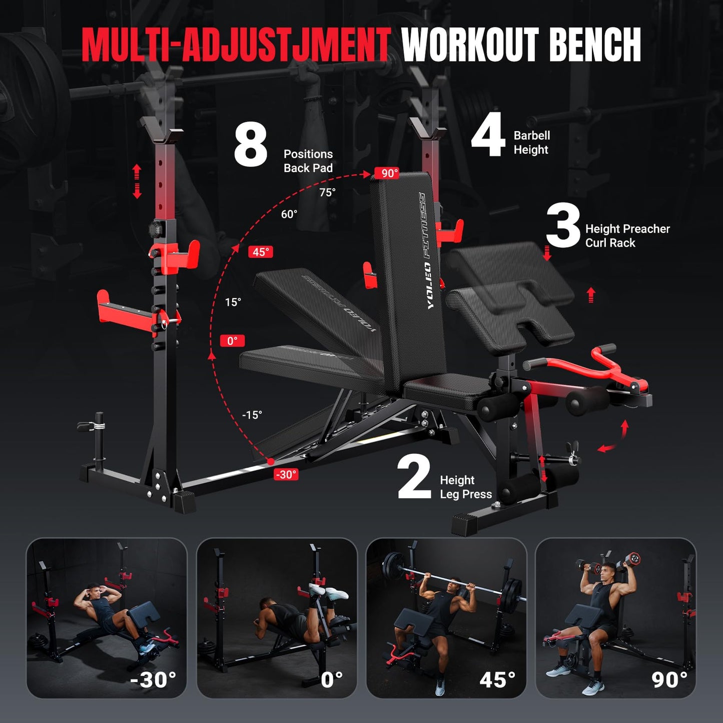 Yoleo Weight Bench with Rack - Bench Press Set, Leg Extension, Preacher Curl & Flat/Incline/Decline Full Body Workout Bench, Adjustable Olympic Weight Benches for Home Gym(47.44IN WIDE GRIP) (47.44“ Wide Grip)