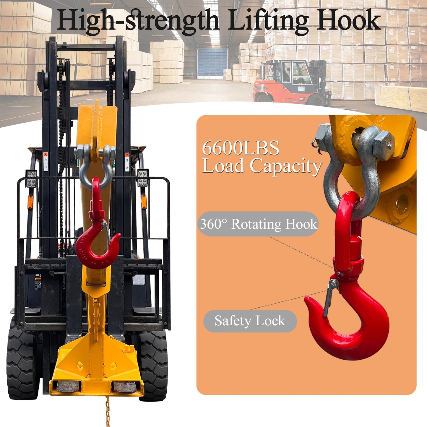 TECHTONGDA Fork Mounted Hoist Jib Boom Crane, 6600LB Capacity Telescopic Boom Lift Crane, 63"-98" Manual Telescoping, Forklift Mobile Crane Lifting Hoist, Forklift Boom Attachments Lifting Equipment