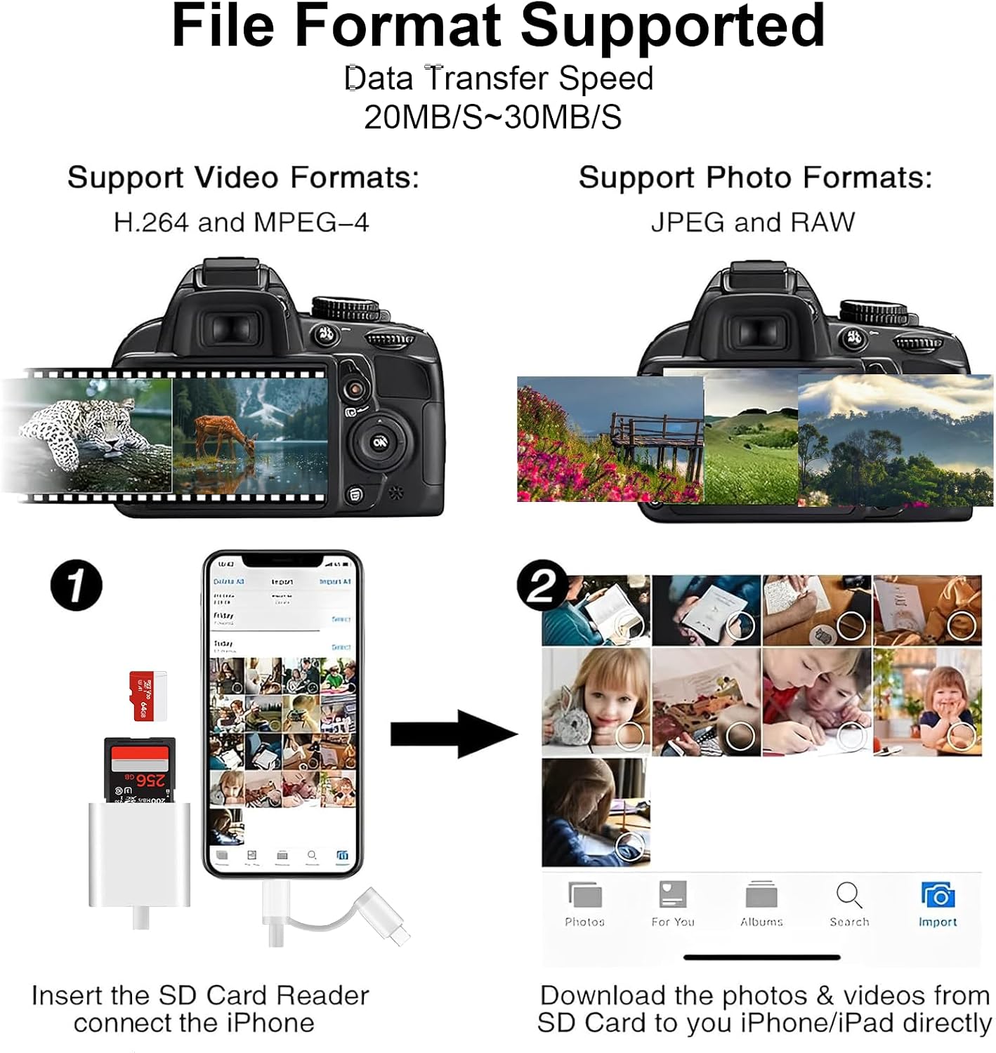 Denlane SD Card Reader for iPhone iPad Mac, USB C & Lightning Dual Connector Digital Camera Adapter to iPhone, SD Card