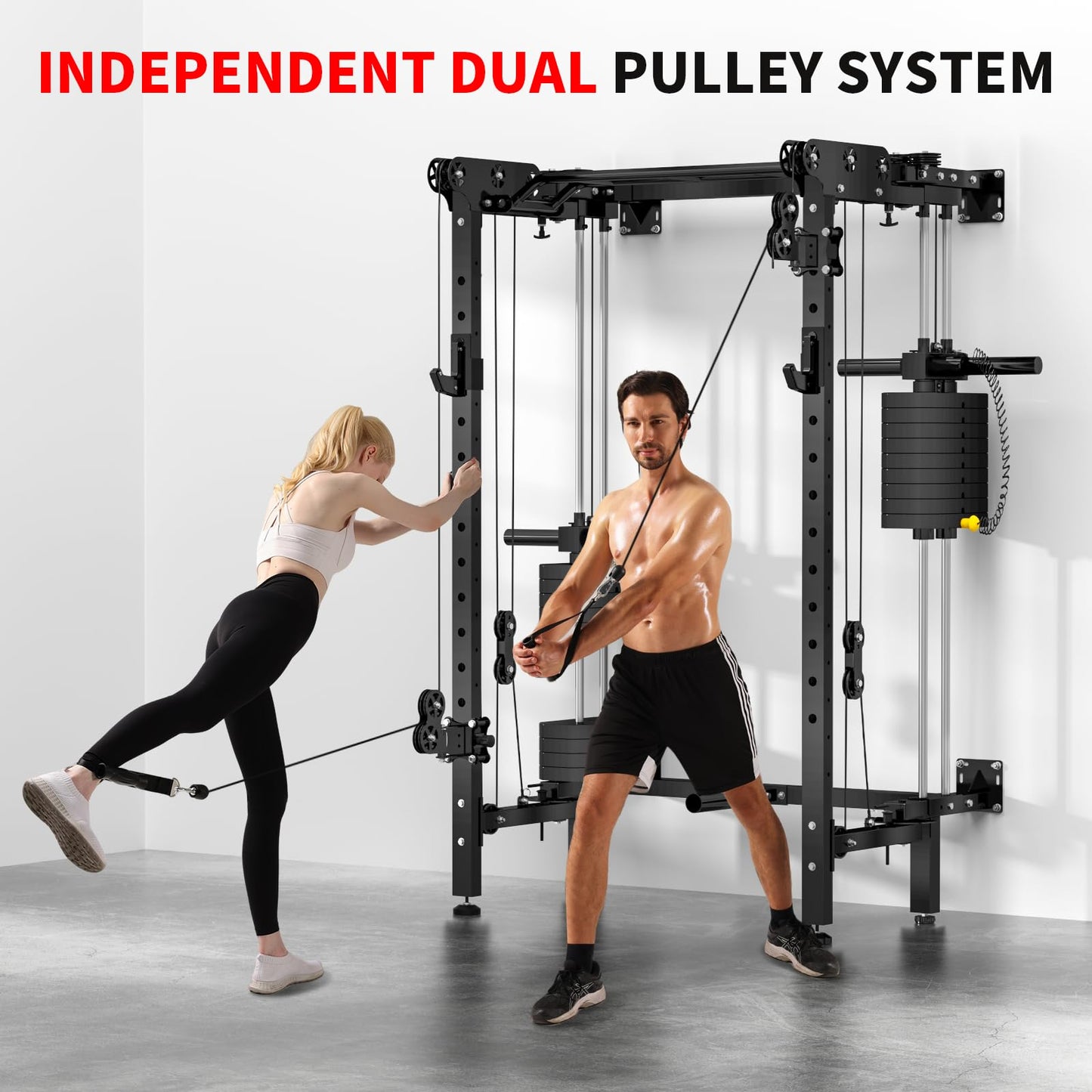 JEEKEE Folding Wall Mounted Power Rack with 180LB Weight Stack, 2400LB 2×3 Heavy Duty Squat Rack, Dual Cable Crossover System 1:1 Ratio, Functional Trainer for Home Gym Small Space,Black