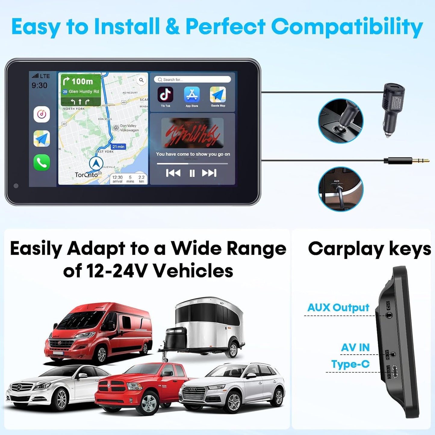 Befumly 3-Min 7 Inch 1080P Commuters Easy Install Portable Wireless Carplay Screen: Plug-Play Support Apple CarPlay