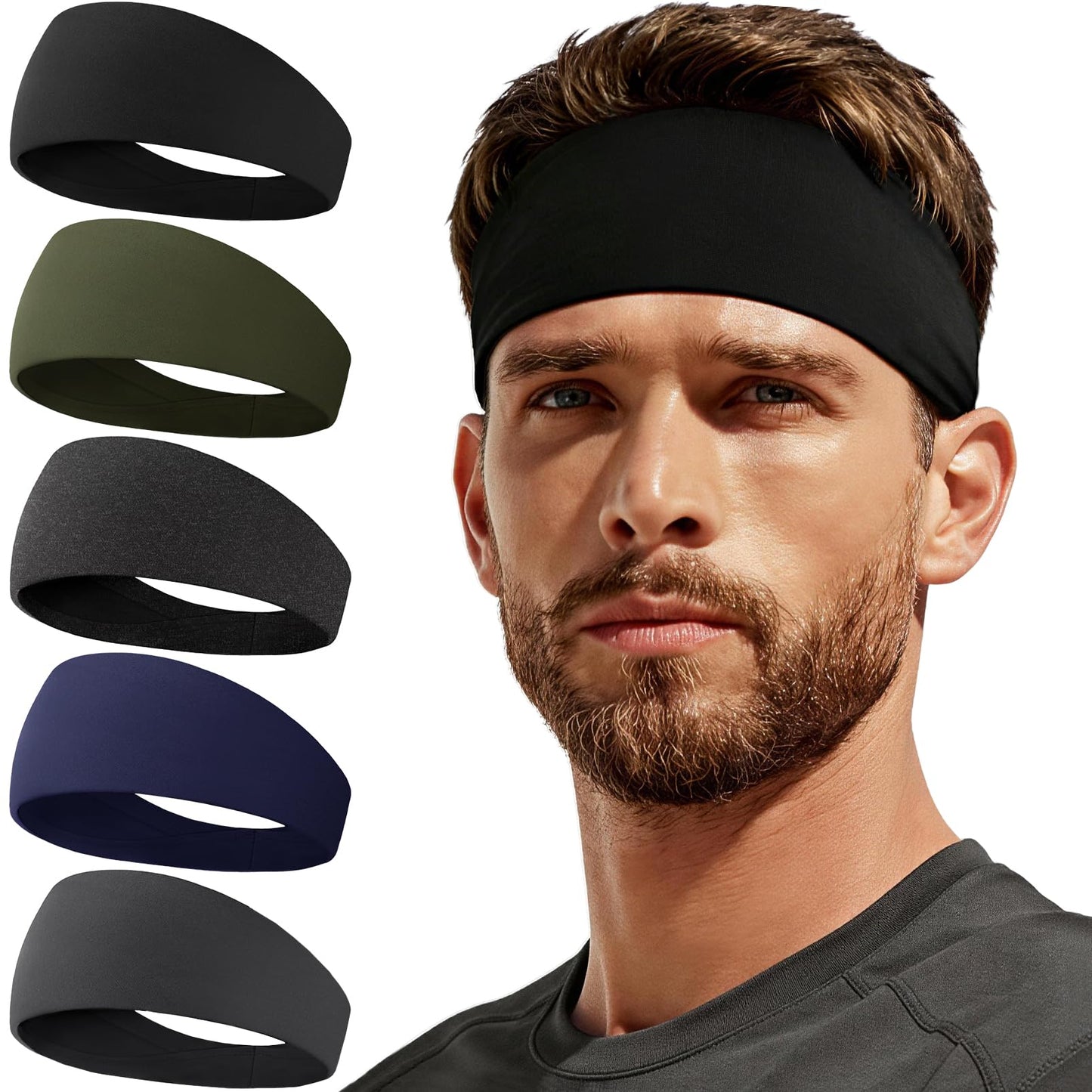CYPERROCK 5 Pack Running Headbands, Workout Sweat Band Moisture Wicking Sports Headband for Men/Women Black+Green+Heather Gray+Dark Blue+Dark Gray