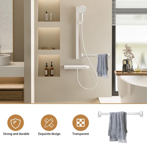 Earthtec 24 Inch Clear Adjustable Replacement Bathroom Towel Bar Rod Spring Loaded End Sturdy Plastic Wall Mount and for Kitchen Towel Storage Replacement Towel Bar for Ceramic Holder