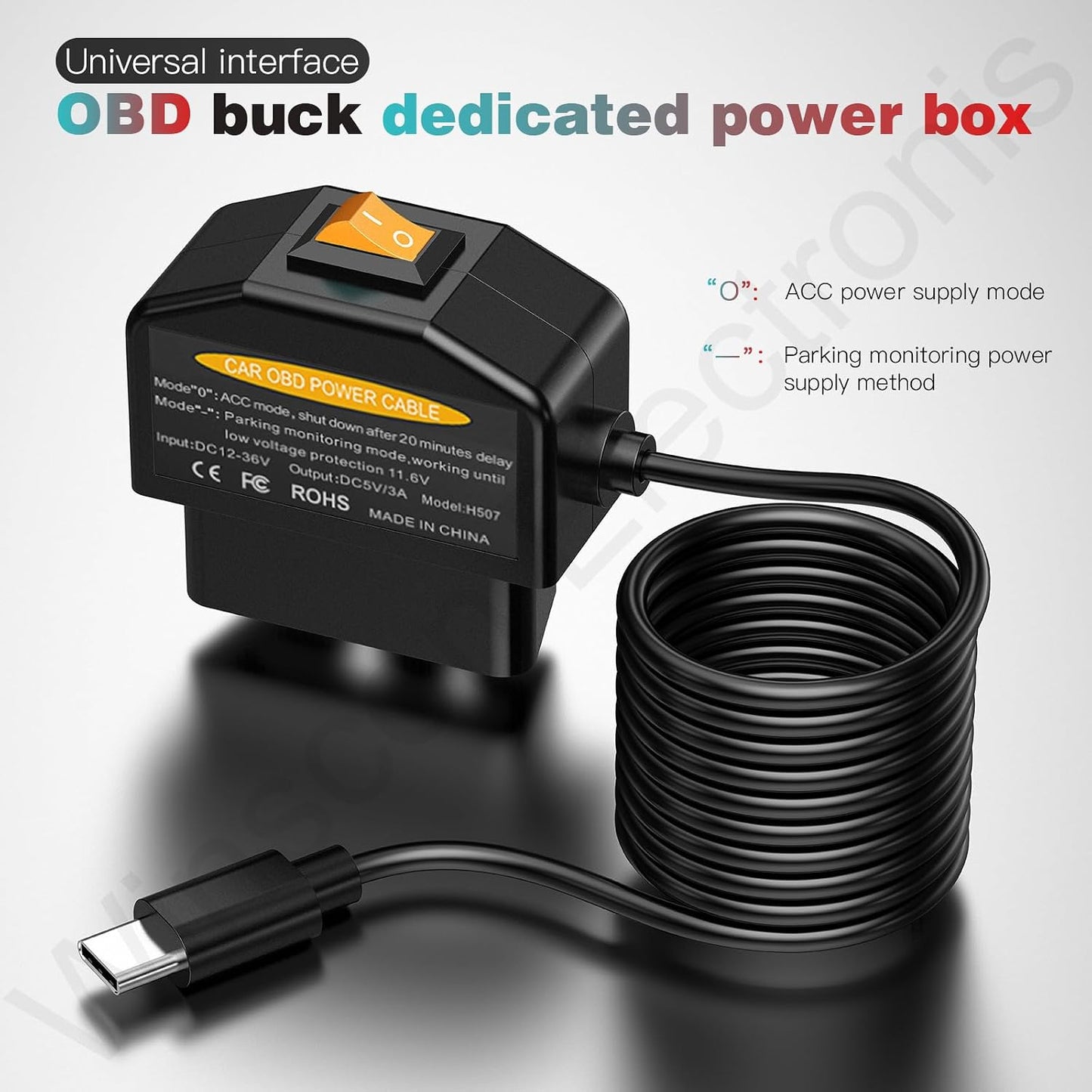 Redsia 12-24V 5V/3A 24h Dash Cam Hardwire Kit OBD, Dash Camera USB Type C Hardwire Kit OBD Power Charging Cable