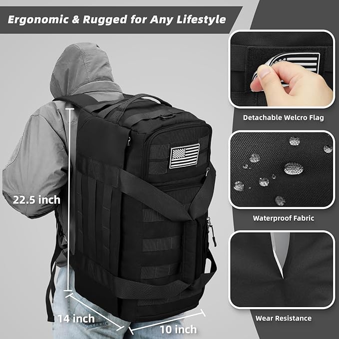 ZOMFELT Tactical Gym Bags for Men, 52L Travel Duffle Bag with Removable Dividers & Innovative Shoe Compartment, 3-in-1 Waterproof MOLLE Gym Duffel Backpack, Airplane Carry-On Approved, Black