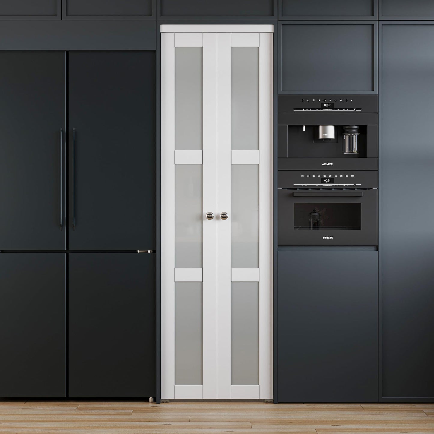 French Pivot Door for 24" x 80" Opening, Double Frosted Glass Panels with Hardware, Swing for Pantry/Laundry/Storage Room, White, Water & Scratch-Resistant Surface, Easy Install