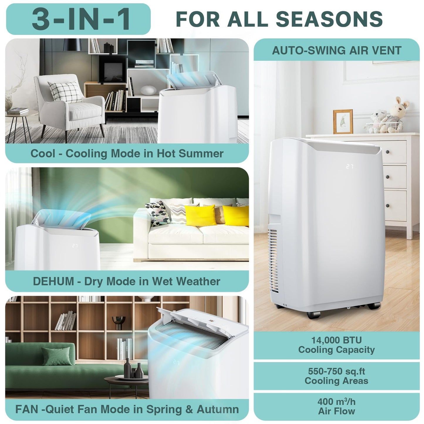 14000 BTU Portable Air Conditioner with White Body, Cooling, Dehumidifying & Fan Features, Quiet Operation for Large Rooms, 24-Hour Timer, Easy Setup & Energy Efficient