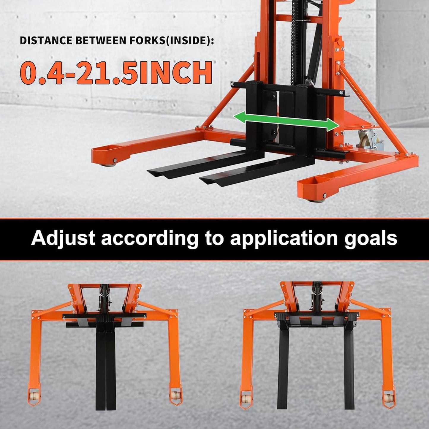 Tory Carrier Manual Stacker Material Lift 63” Lifting Height 1100lbs Capacity with Straddle Legs Hydraulic and Adjustable Forks Forklift